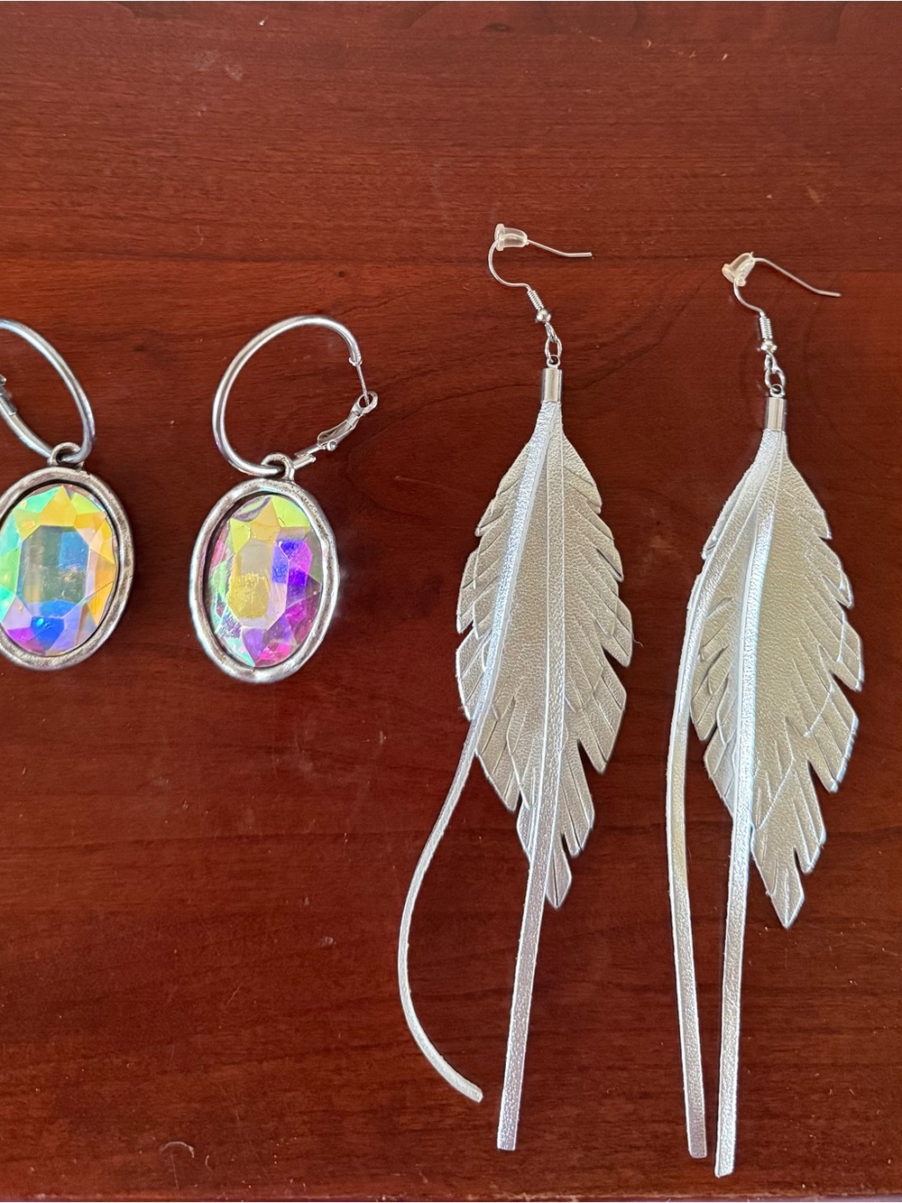 Silver Feather Dangle Earrings with Iridescent Crystal Hoop Studs